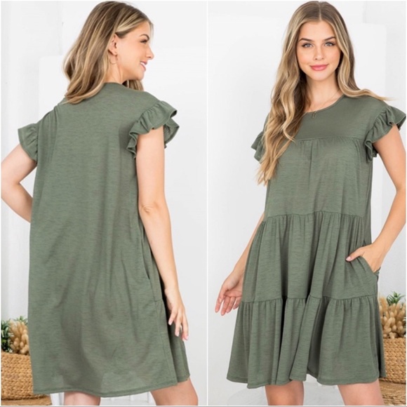 New Olive Green Ruffled Tiered Lightweight Women’s Spring/ Summer Dress - Picture 3 of 3